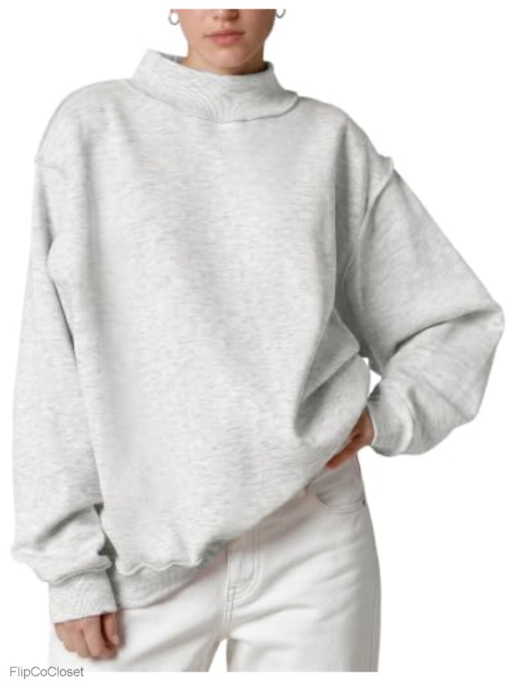 Oversized Mock Neck Sweatshirt Fleece Lined Pullover Drop Shoulder Cotton